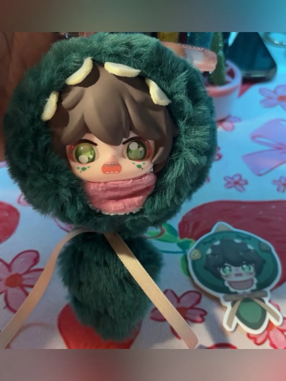 Green Dino Hood Plush Doll with Pink Scarf - Cute Kids Character Toy